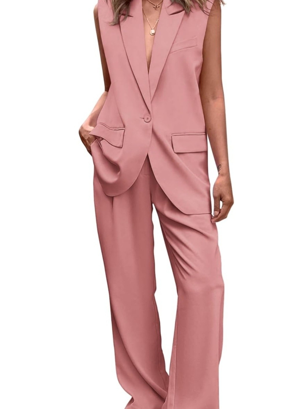 Sleeveless Wide-Leg Suit Set in Dusty Rose